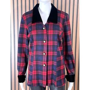 Jamie Brooke‎ Women's 12 Red Jacket Plaid Velvet Trim Lady Jacket Holiday